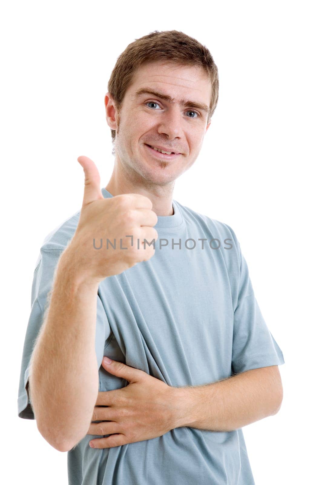 young casual man going thumb up, isolated on white