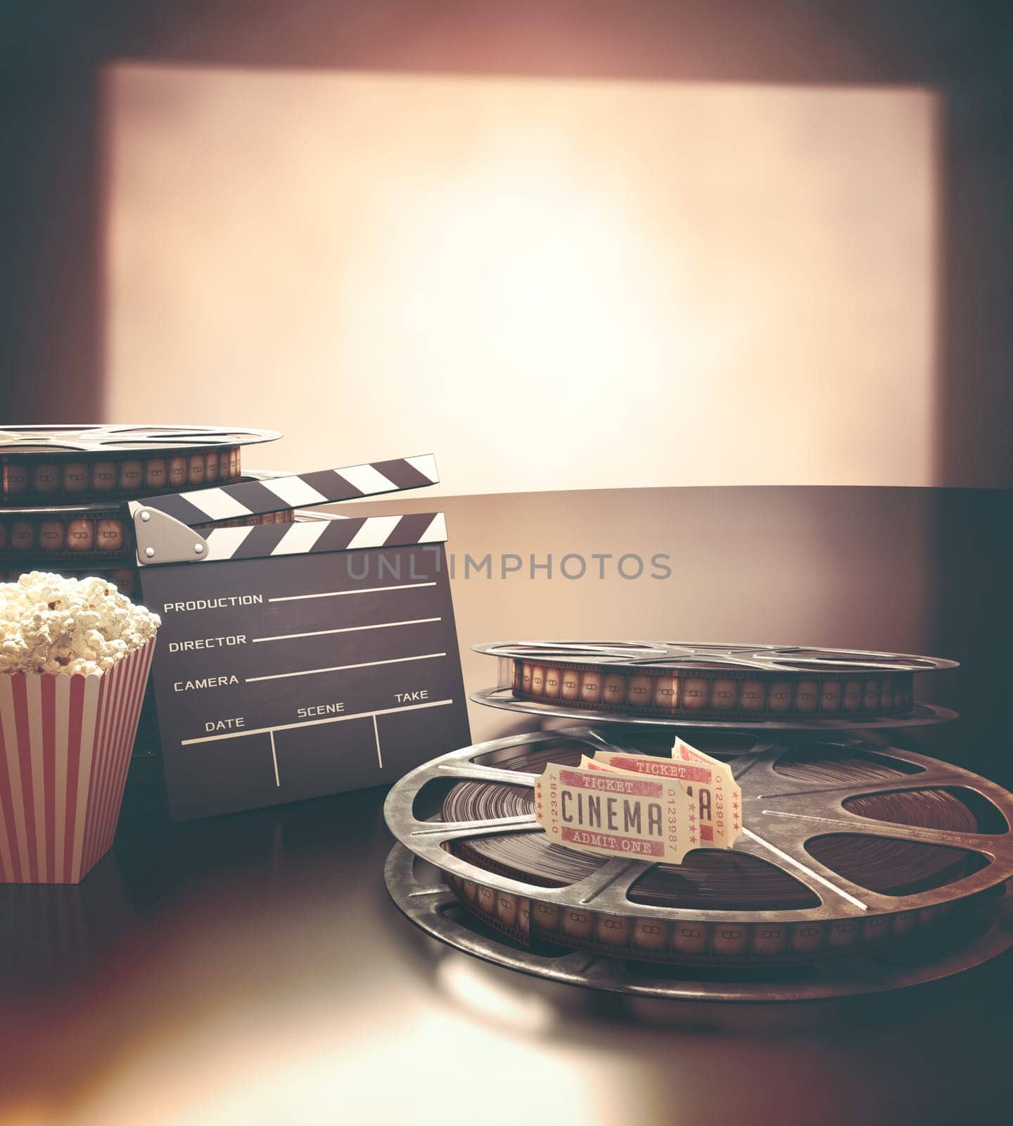 Objects related to the cinema on reflective surface.