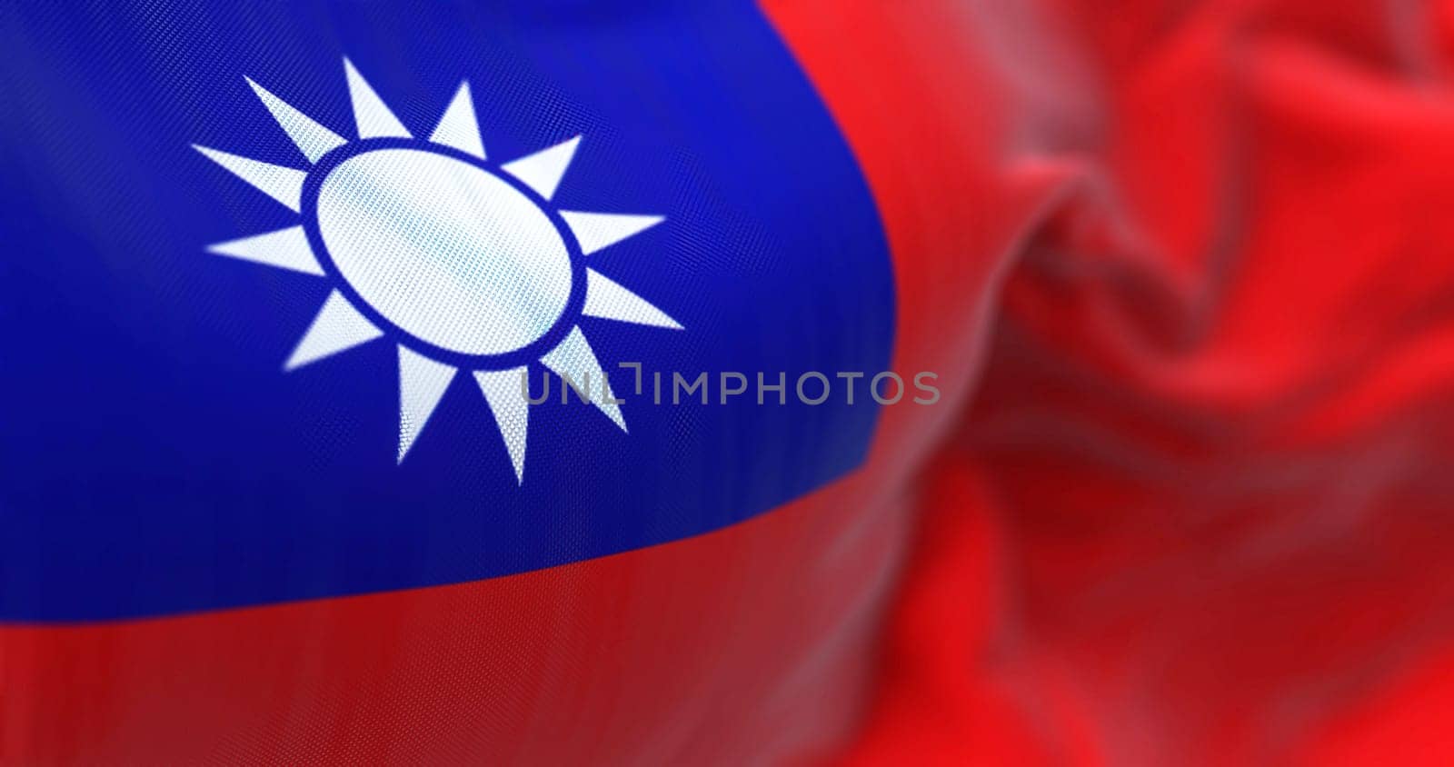 Close-up view of the Taiwan national flag waving. The Republic of China is a state located in East Asia. Fabric textured background. Selective focus. 3D illustration
