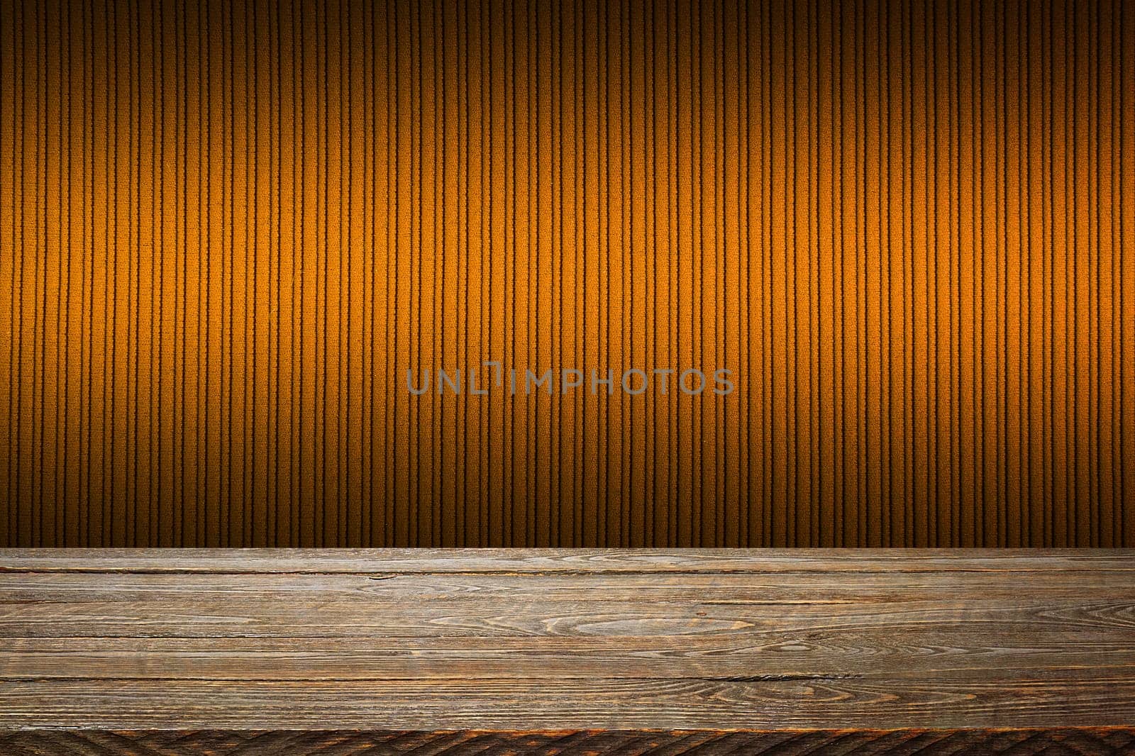The background is blank wooden boards and a textured striped wall with gradient lighting and vignetting. For product demonstrations, free space, layout, mockup, perspective board, background board.
