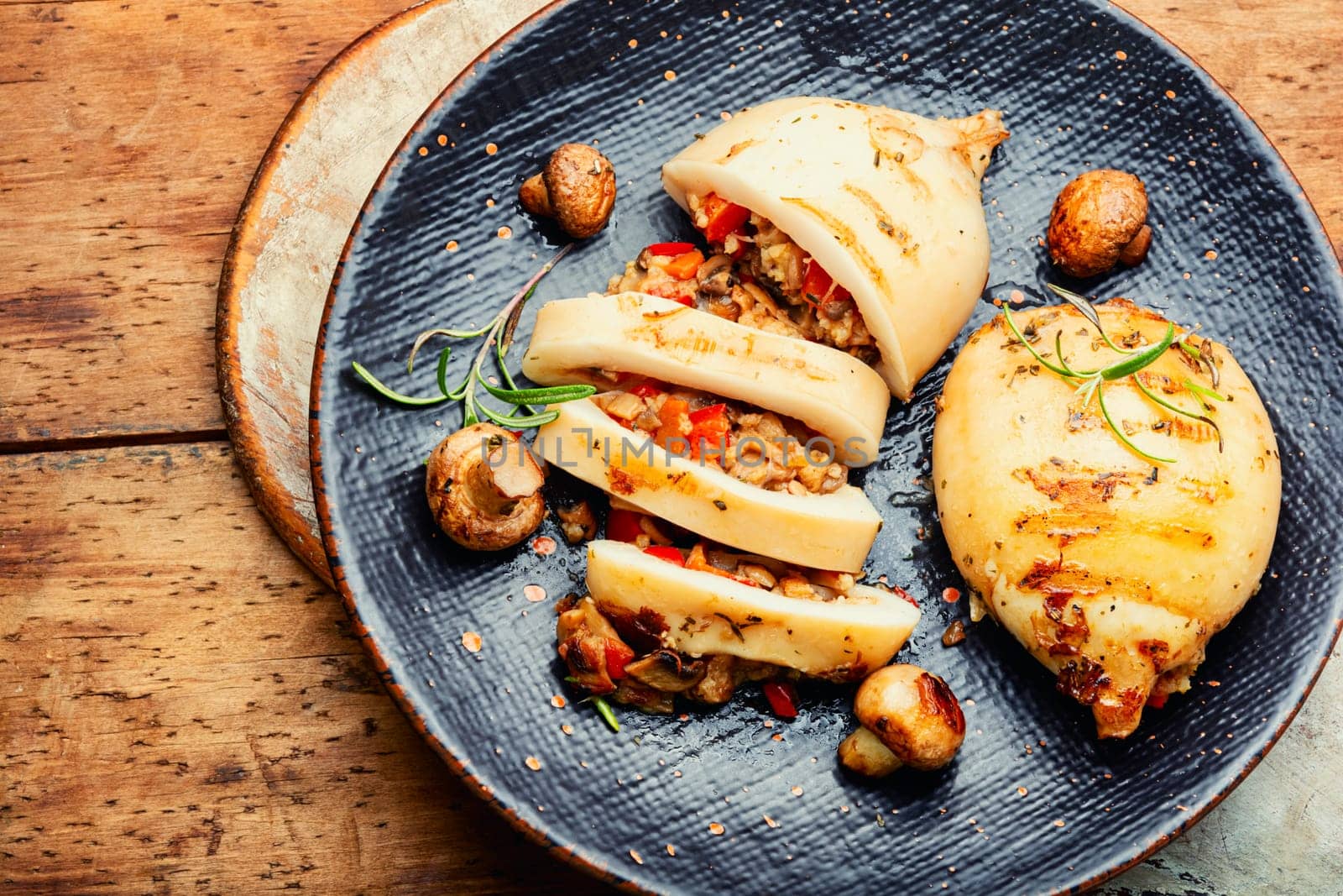 Grilled squids with vegetable stuffing. Stuffed calamari in grill pan