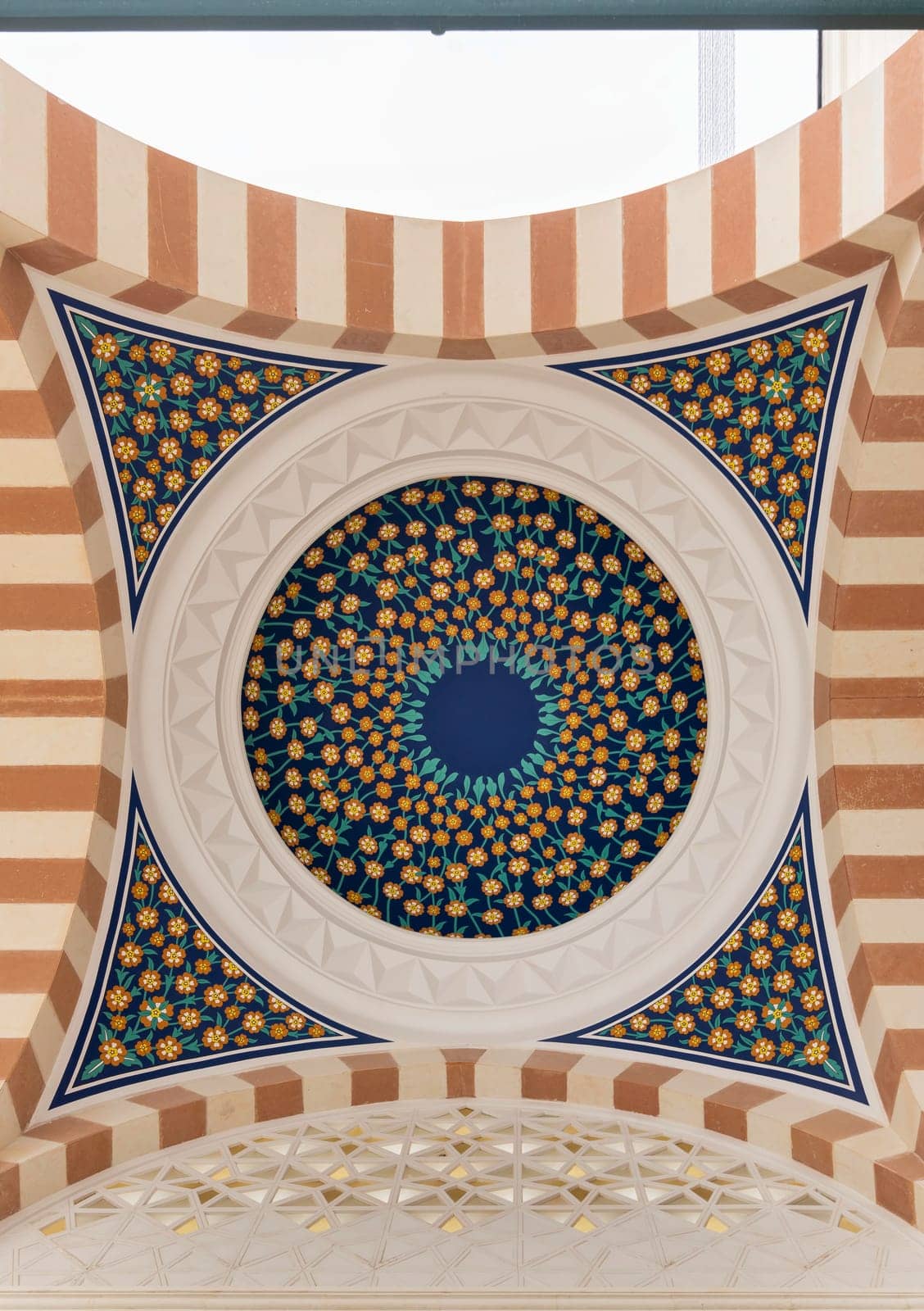 Intrados of dome at a passage in the courtyard of Grand Camlia Mosque, or Buyuk Camlica Camii, a modern Islamic complex, 2019, located in Camlica hill in Uskudar district, Istanbul, Turkey