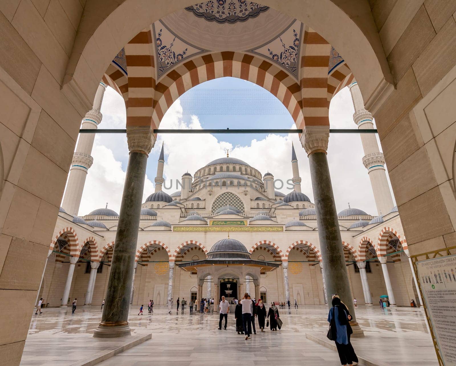 Istanbul, Turkey - September 1, 2022: Courtyard of Grand Camlia Mosque, or Buyuk Camlica Camii, a modern Islamic complex, built in 2019, with few tourists, located in Camlica hill in Uskudar district