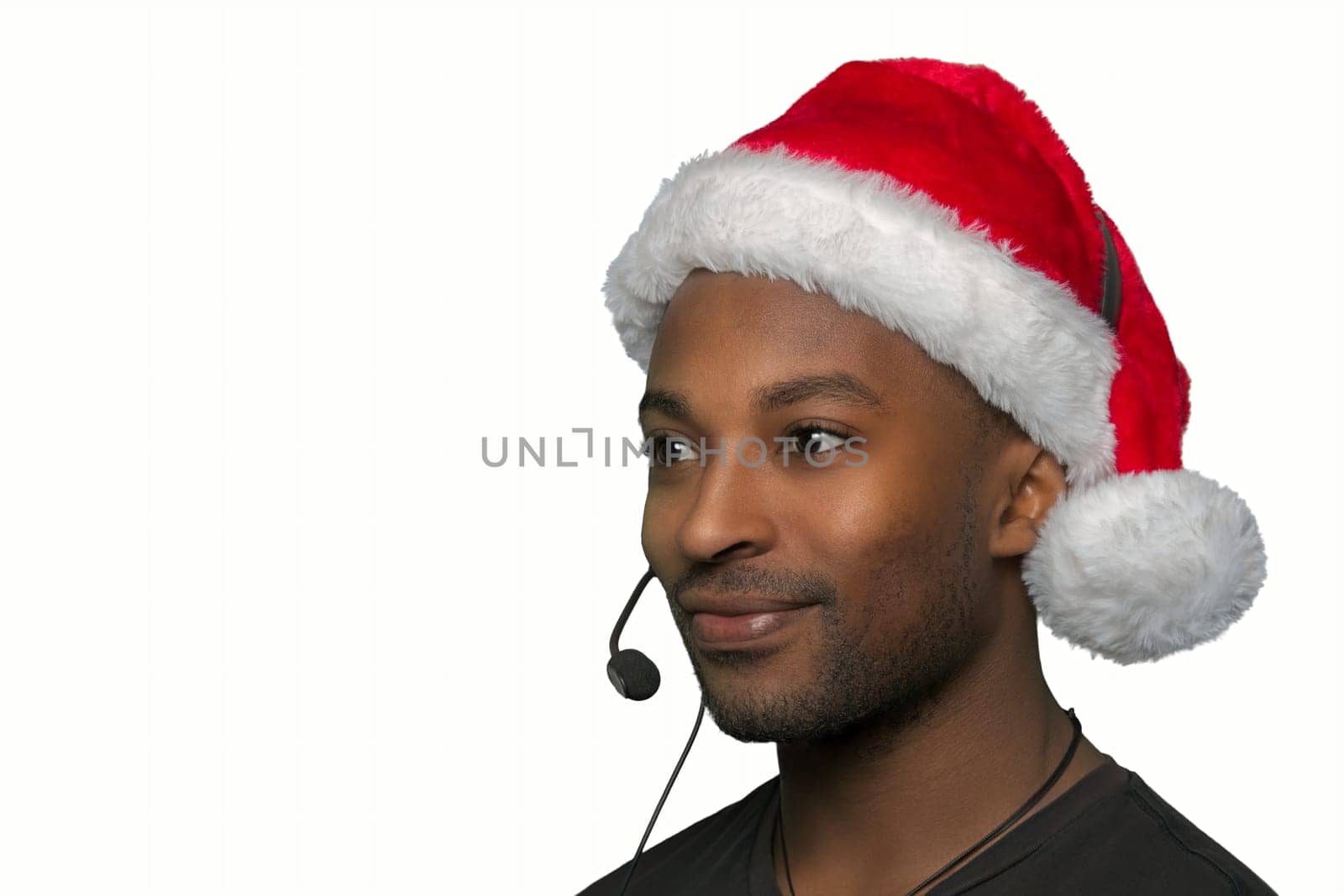 holiday support center christmas helpline customer service assistant wearing santa claus red hat and headset microphone isolated on white background
