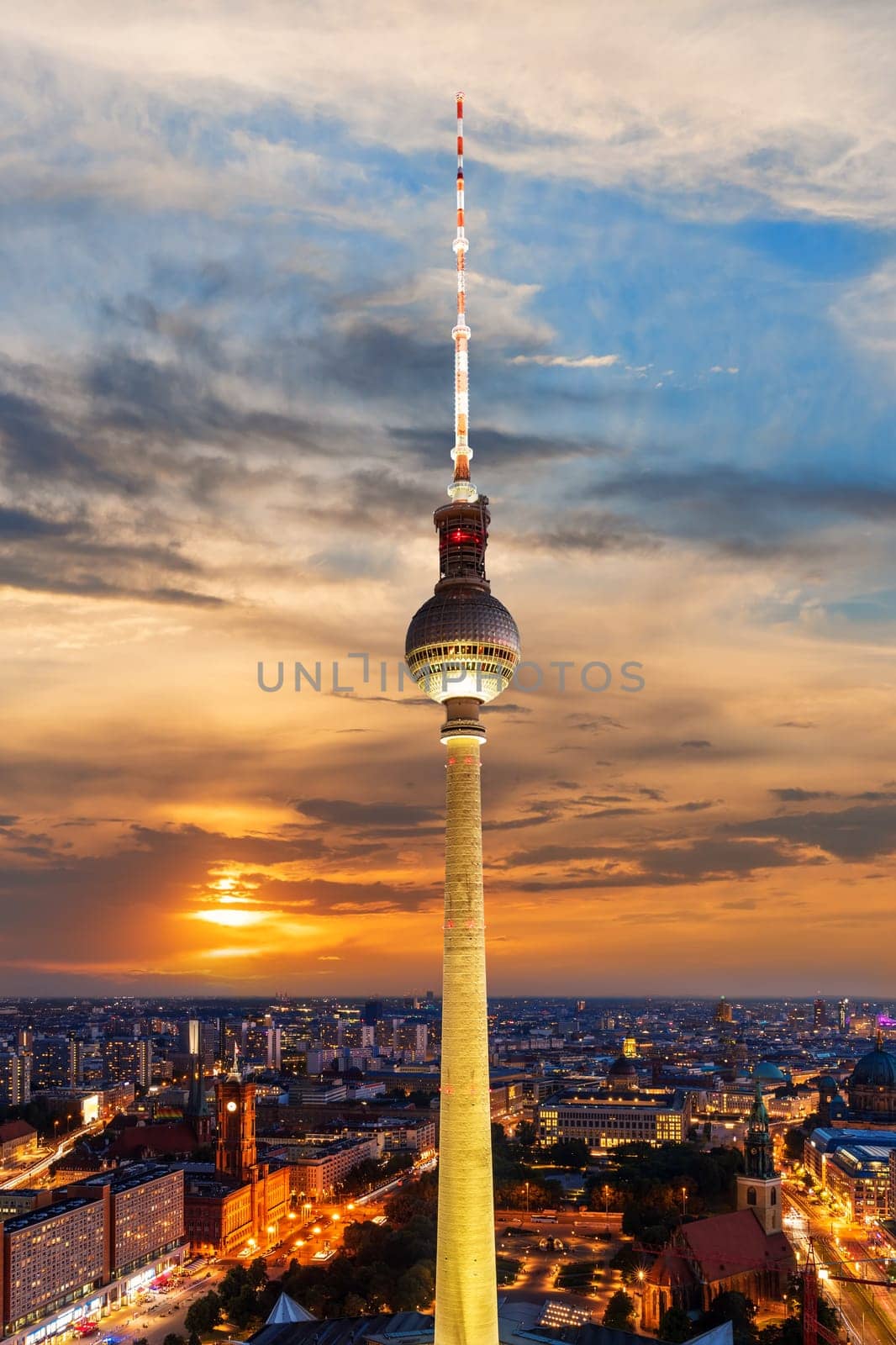 Aerial skyline panorama of Berlin city enlighted at night, Germany.