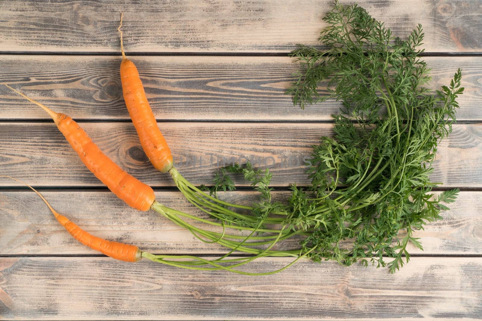 Orange tasty juicy carrot with green stem and leaves on wooden background. Healthy lifestyle, good vision and carotene vitamins in organic farm food. Diet and healthy lifestyle. Top view, copy space