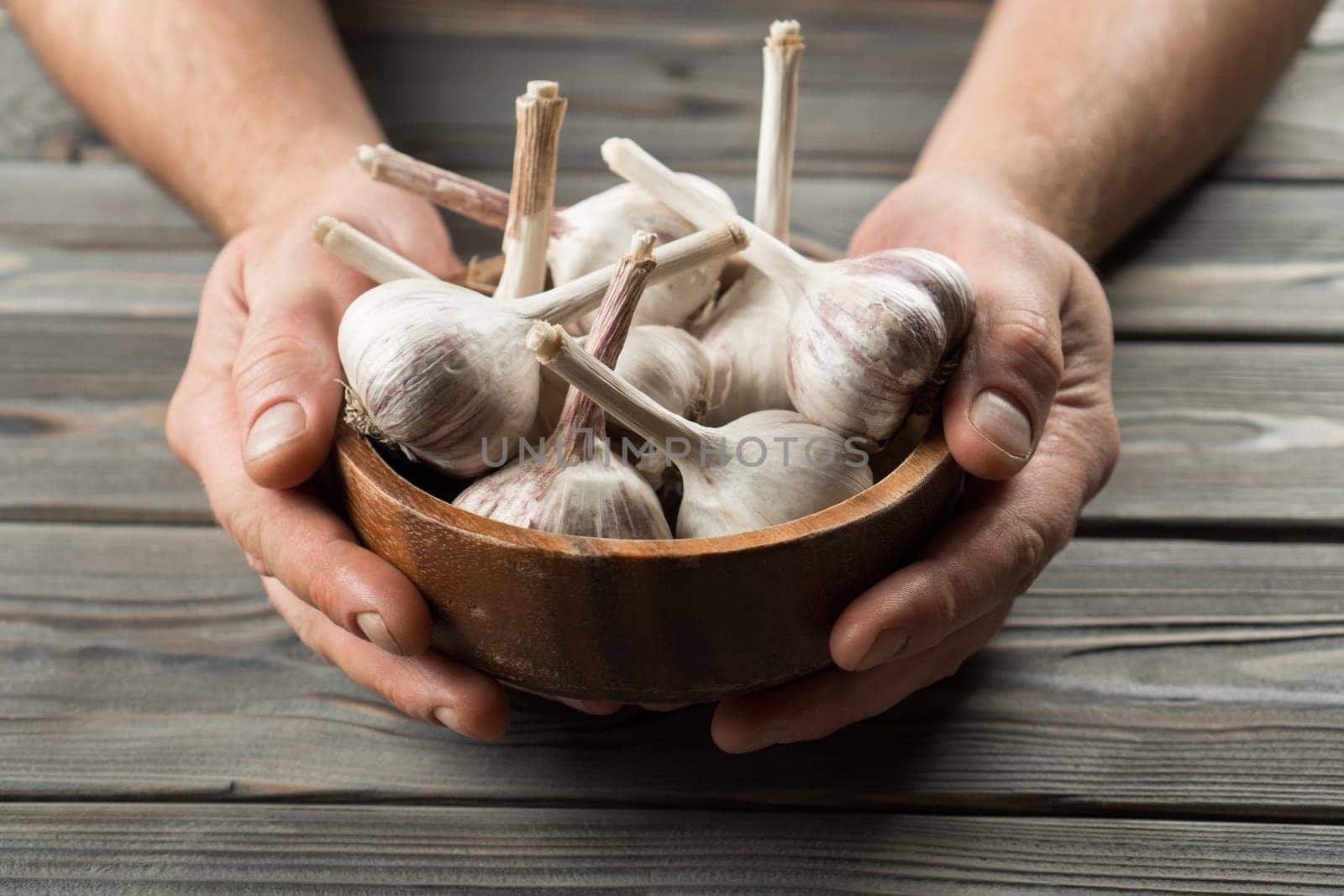 Closeup cropped man hands holding bowl of garlic bulbs on wooden table. Cooking with spicy condiment, vitamin meal. Natural organic farm food for healthy lifestyle. Ecological products for immunity