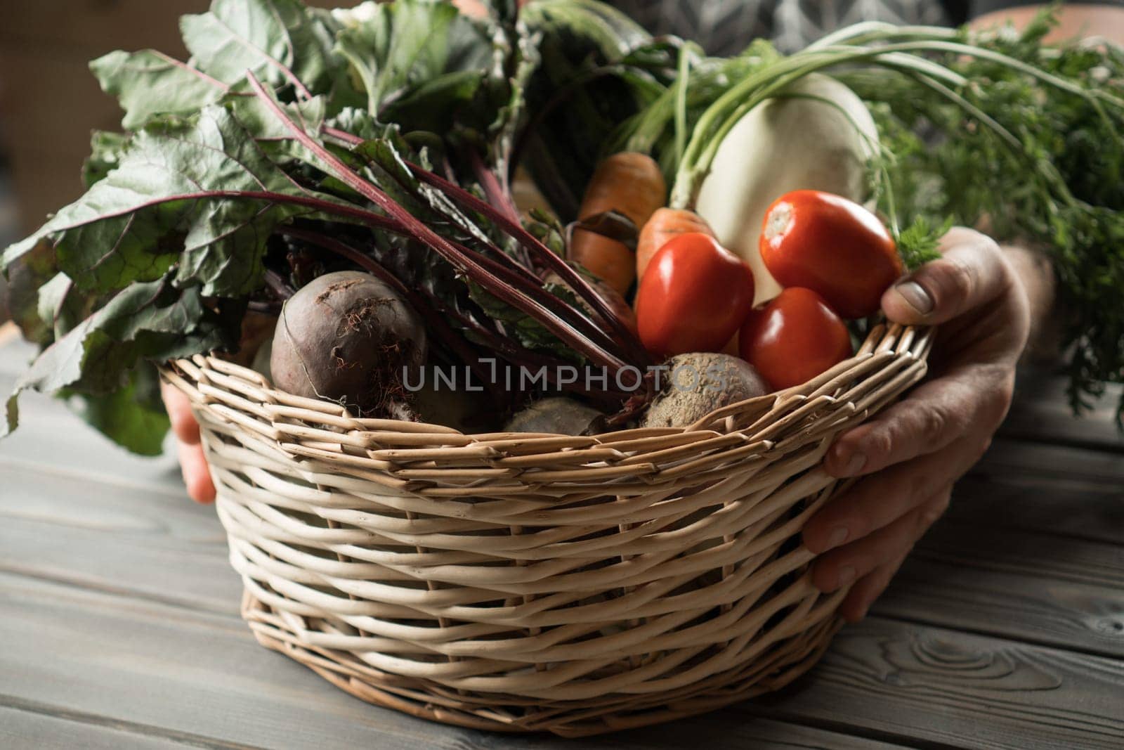 Unrecognizable man hands holding wicker basket with fresh vegetable harvest of onion, greenery, tomato, beetroot, carrot, marrow. Farm production, organic healthy dieting and raw ready to eat food