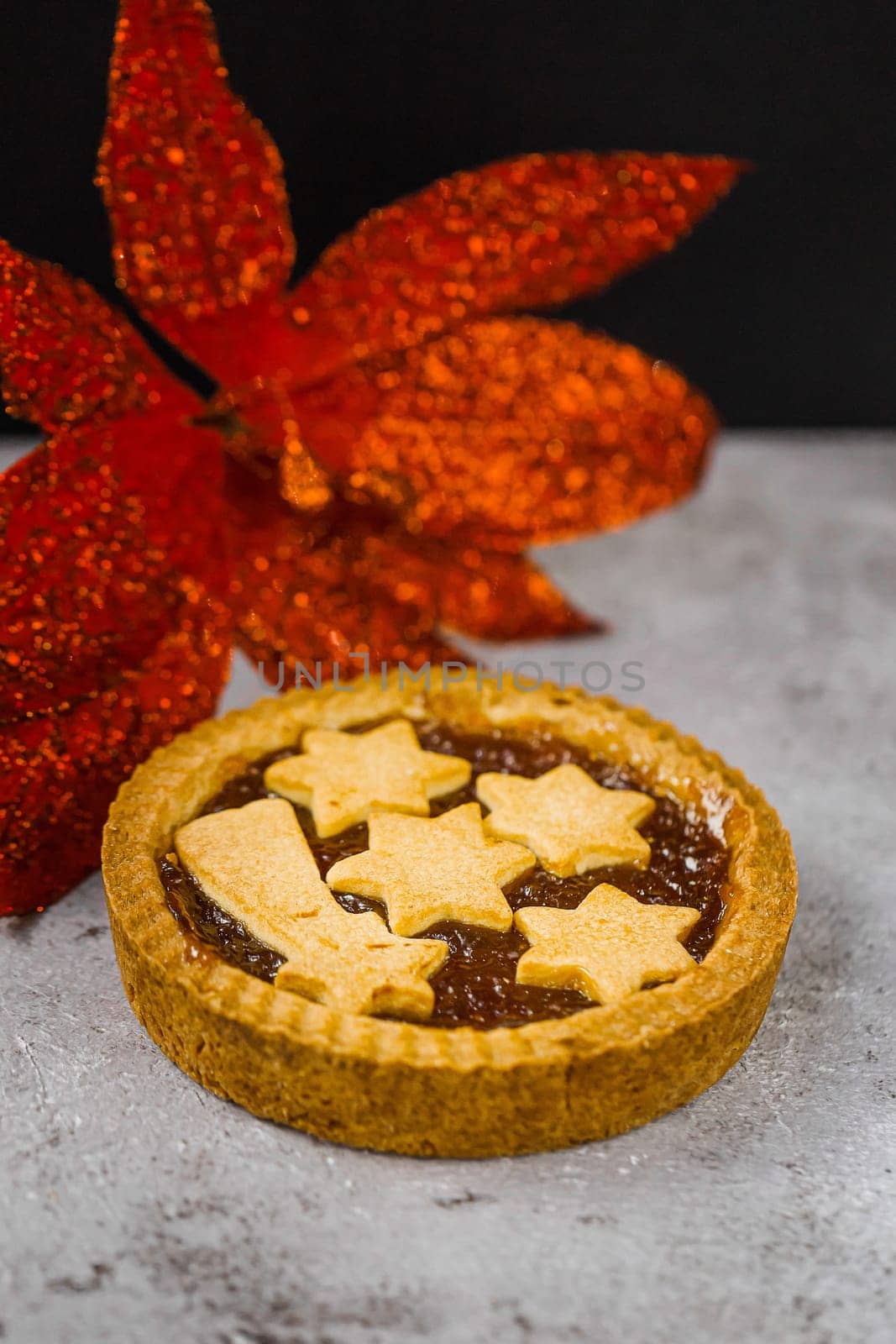 Cranberry jam tart. Top view, vintage tone. A sweet and fragrant rediscover the Christmas traditions. Copy space.