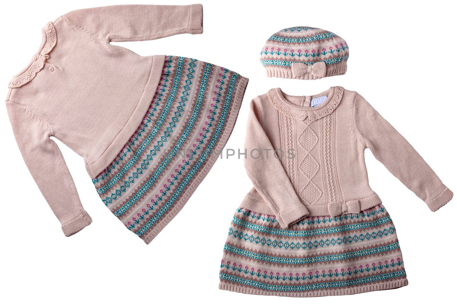 Clothes for children. A beautiful pink baby girl dress with hat and long sleeves isolated on a white background. Kids autumn and spring fashion.Colorful pattern.