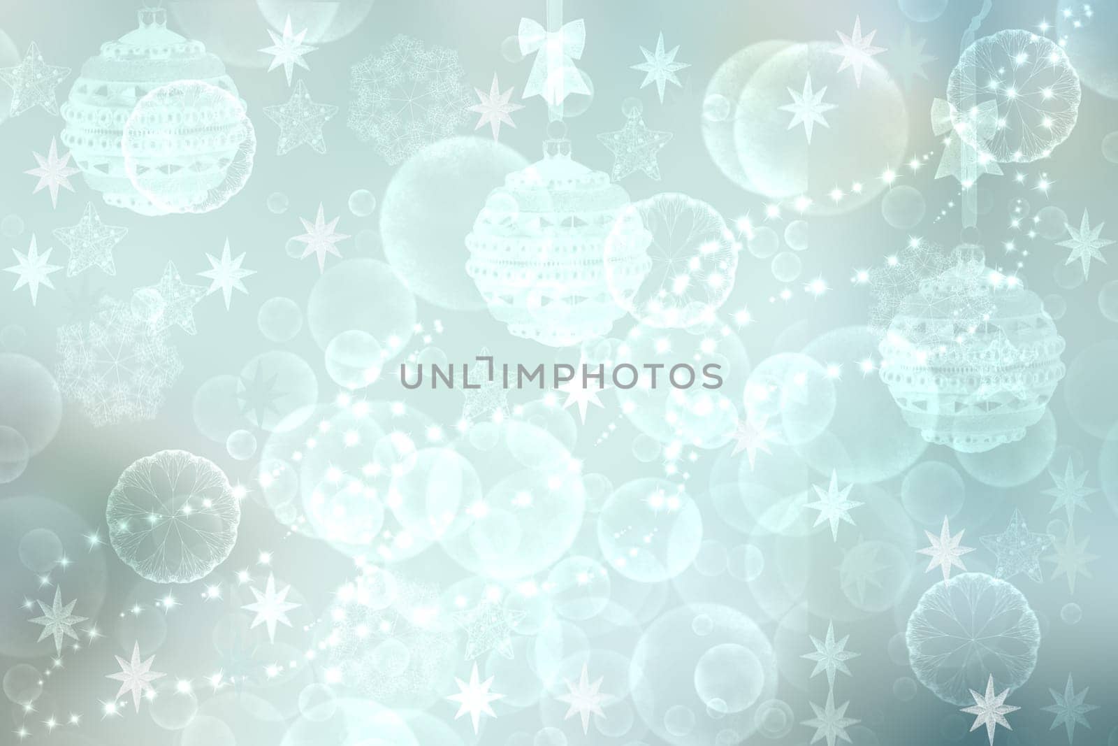 Abstract blurred festive delicate winter christmas or Happy New Year background texture with shiny light turquoise blue and bright bokeh lighted stars and snowflakes. Card concept.