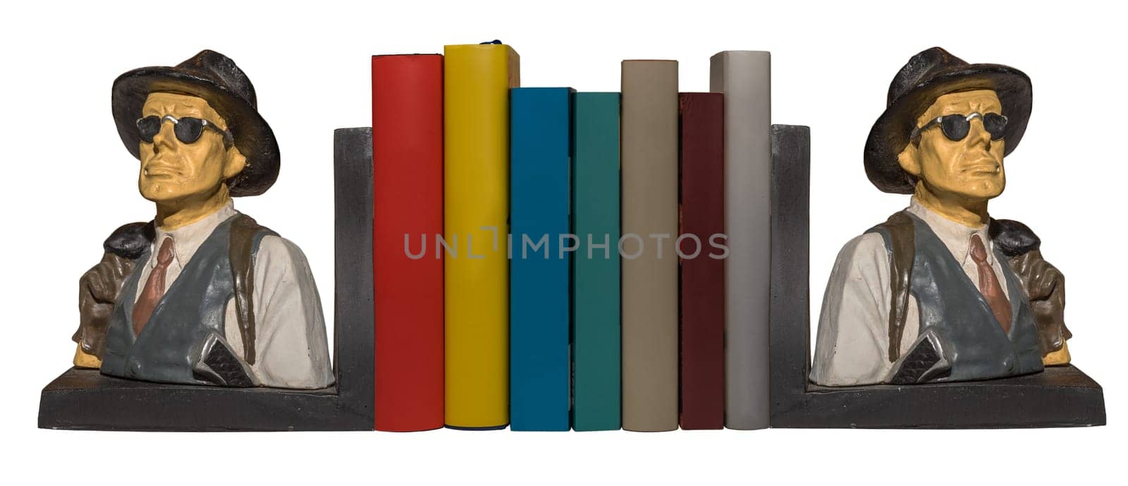 Detective bookends with books isolated on white background