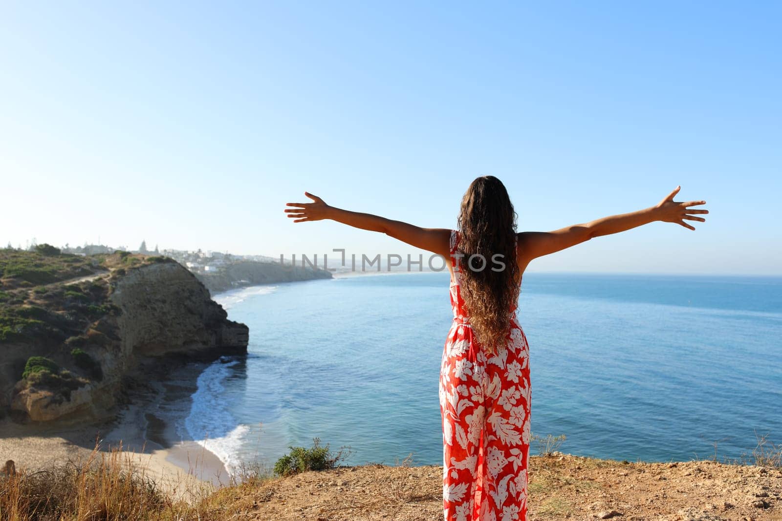 Back view portrait of a woman outstretching arms in a cliff on the beach