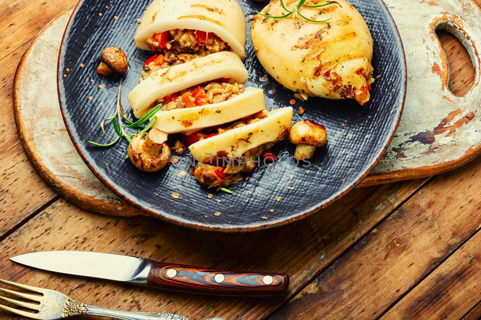 Appetizing grilled squids with vegetable stuffing. Roasted stuffed squid. Mediterranean dish, top view