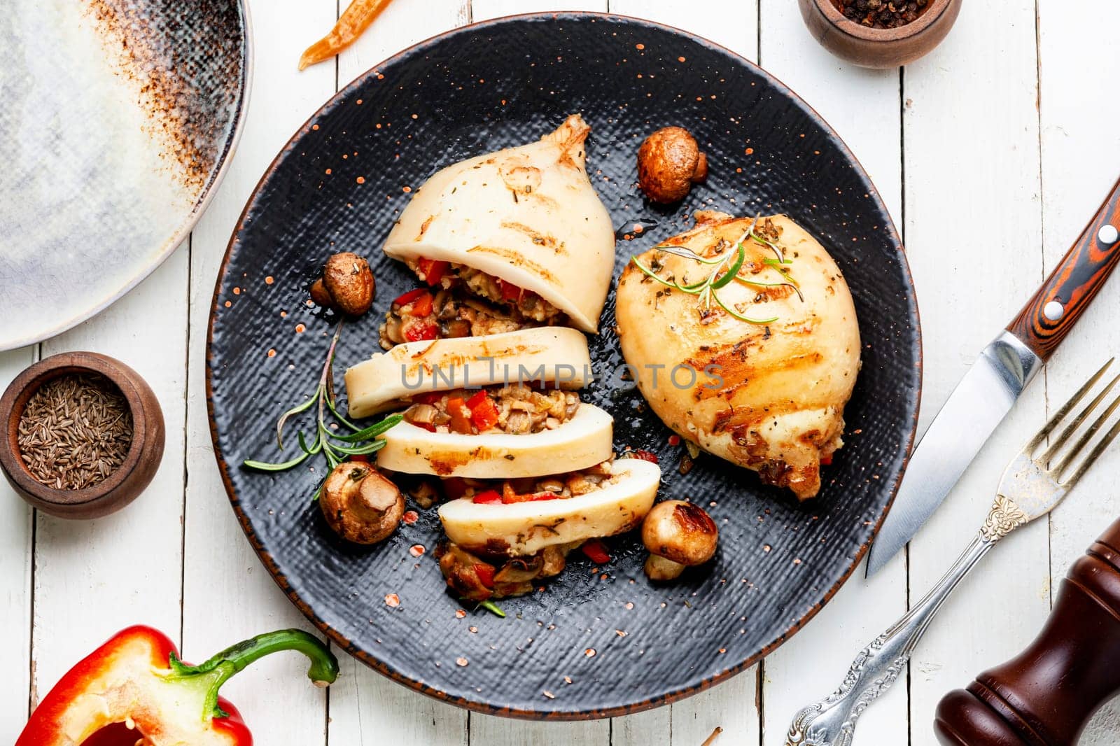Appetizing grilled squids with vegetable stuffing. Roasted stuffed squid. Mediterranean dish, top view