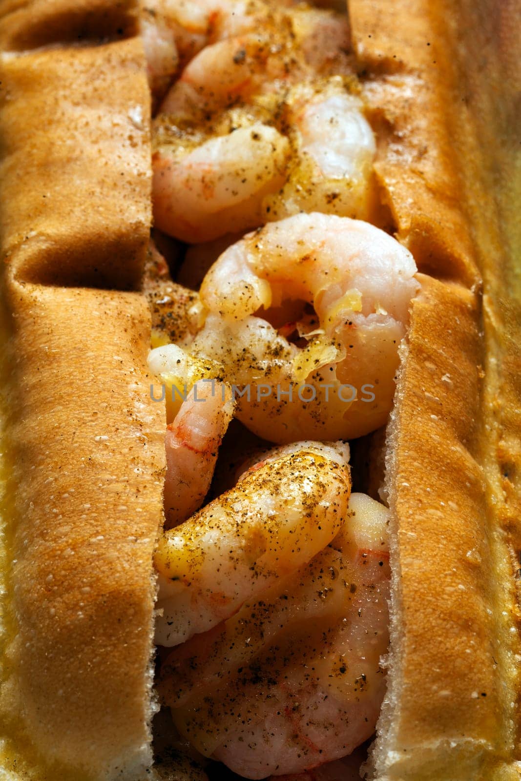 close up of rustic american shrimp seafood roll