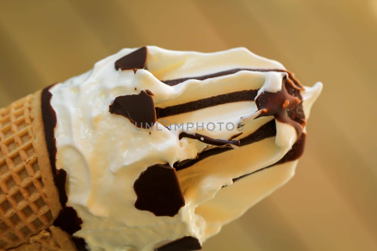 Close up of an ice cream cone, a waffle ice cream cone.