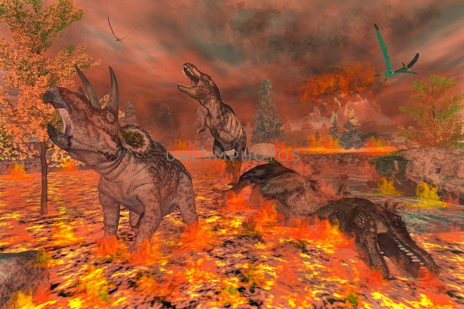 Tyrannosaurus, triceratops and pteranodon dinosaurs escaping or dying because of heat and fire due to a big volcanic eruption - 3D render
