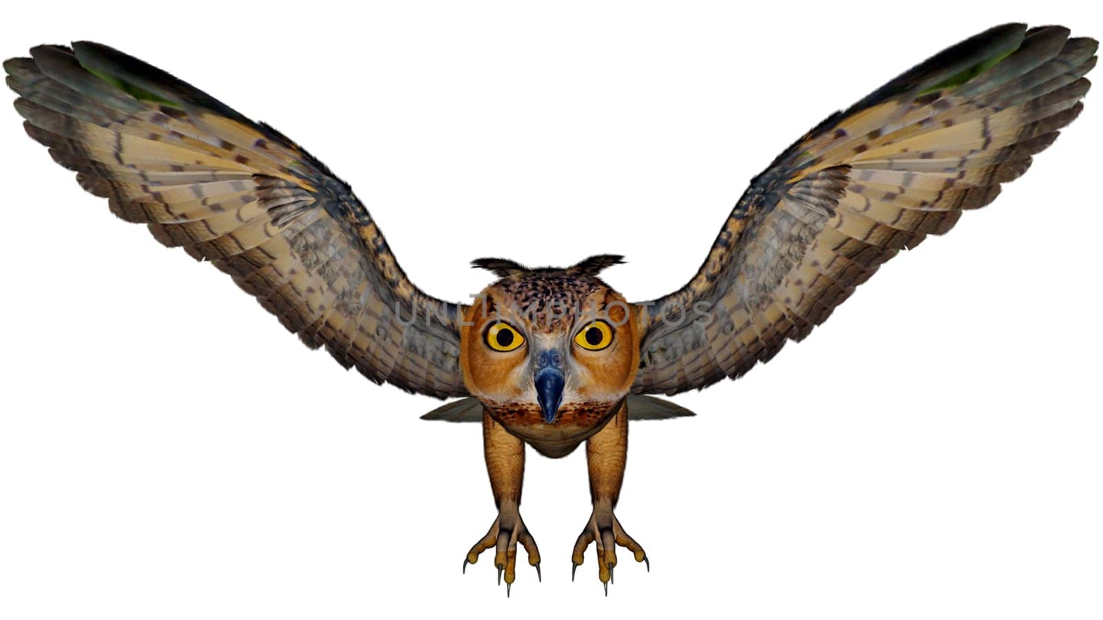 Eagle owl diving isolated in white background - 3D render
