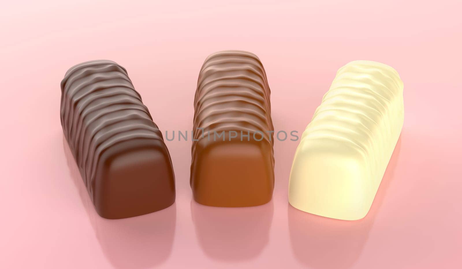 Dark, milk and white chocolate pralines on shiny pink background