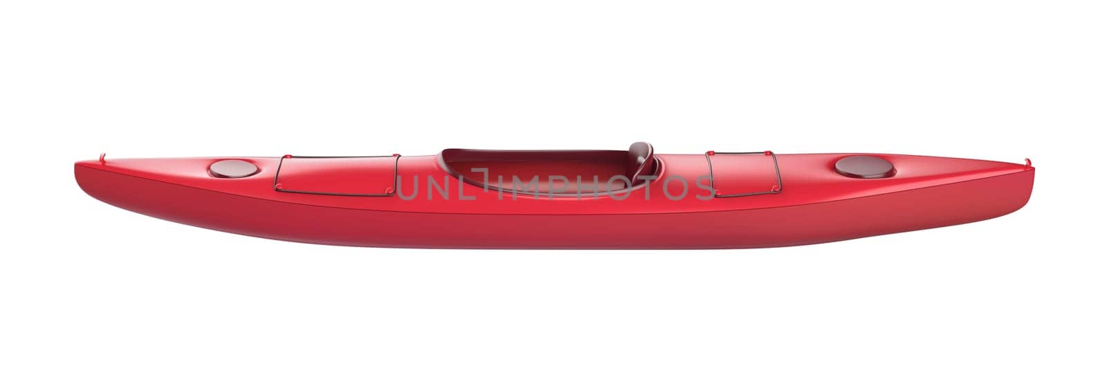 Side view of red plastic kayak, isolated on white background