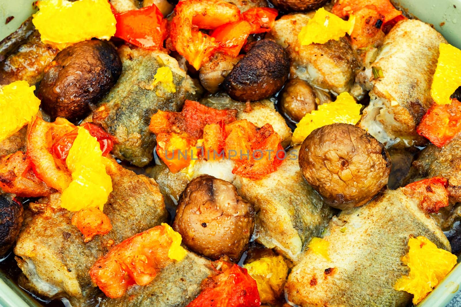 Fried hake fish grilled with orange, tomato and mushrooms. Close up