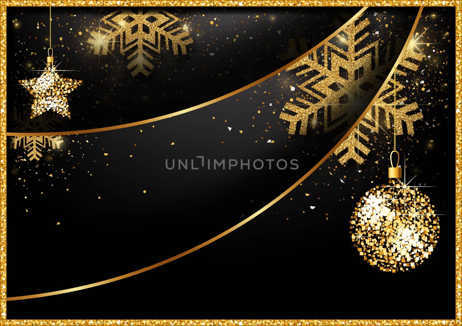 Abstract Black Christmas Motif with Gold Decorations and Three-dimensional Shadow Effects - Original Colorful Illustration