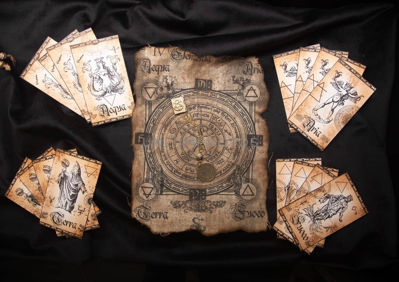 Ancient esoteric witchcraft background. Occultims and paganism old symbol, with mysterious runes and alphabet.