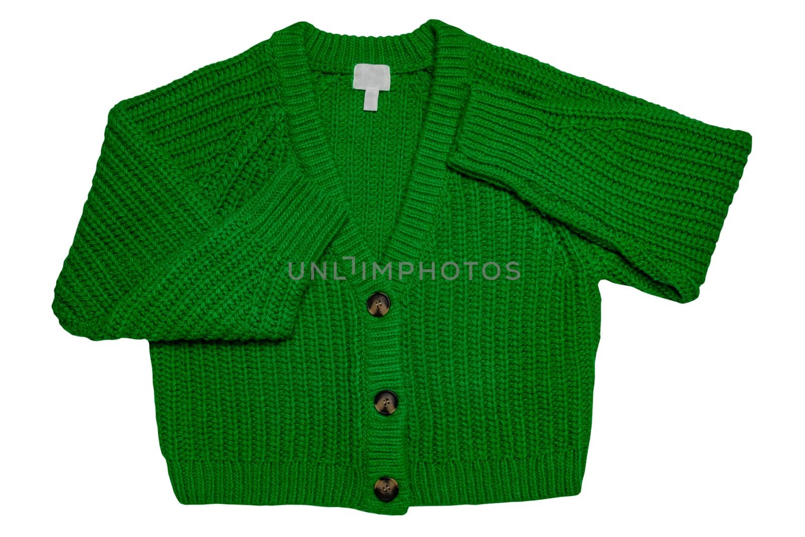 Casual elegant fluffy long-sleeved cardigan with V-neck and button closure isolated on a white background. Womens green sweater or jumper. Autumn and winter fashion.