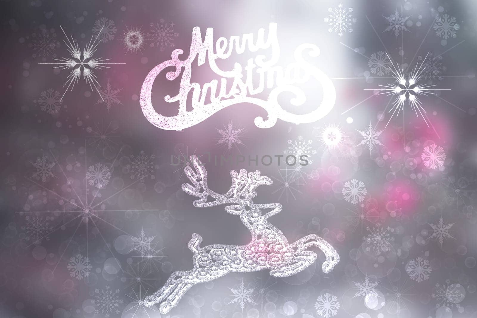 Merry Christmas card. Abstract festive natural light pink blue white winter christmas background texture with snowflakes, stars and a bokeh stag. Beautiful card design.