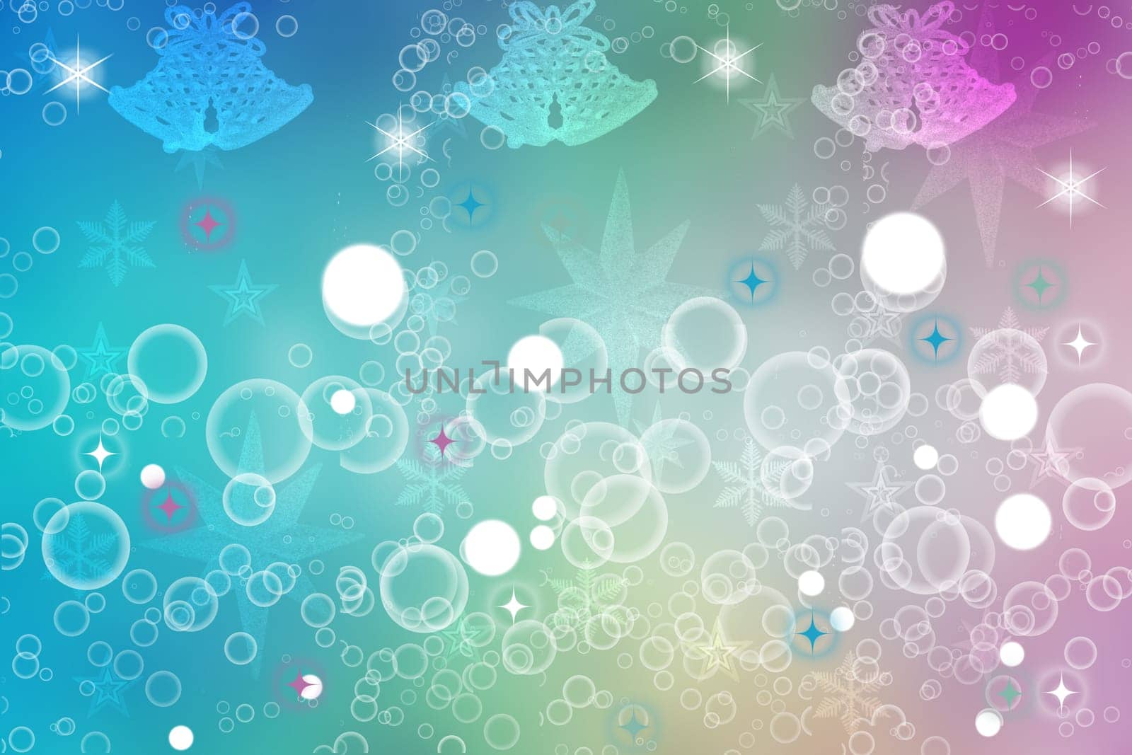 Abstract blurred festive delicate winter christmas or Happy New Year background texture with shiny light turquoise blue and bright bokeh lighted stars and snowflakes. Card concept.