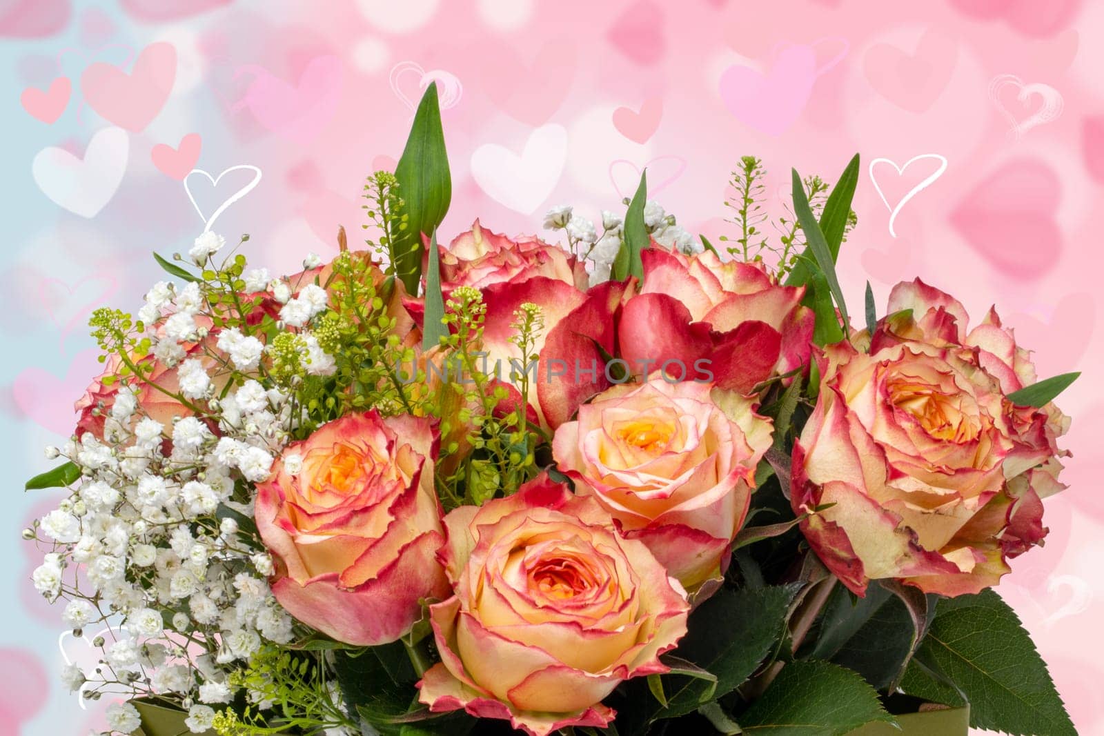 Valentines or mothers day card template. Abstract delicate romantic illustrated pink gradient blue background texture with pink and white bokeh hearts. Beautiful backdrop.