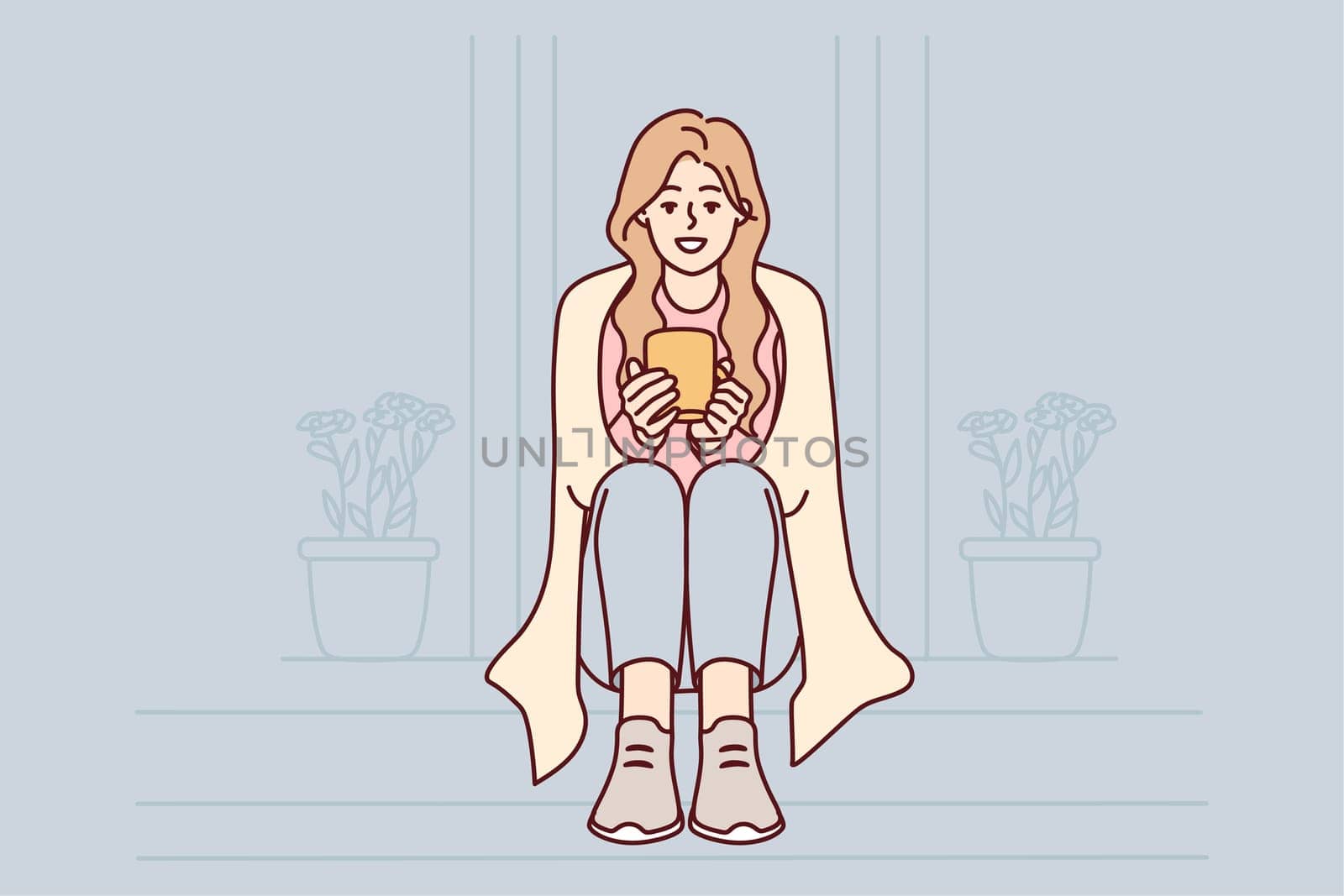 Happy woman sit on stairs at home drinking warm coffee. Smiling girl enjoy outside with tea in morning. Vector illustration.