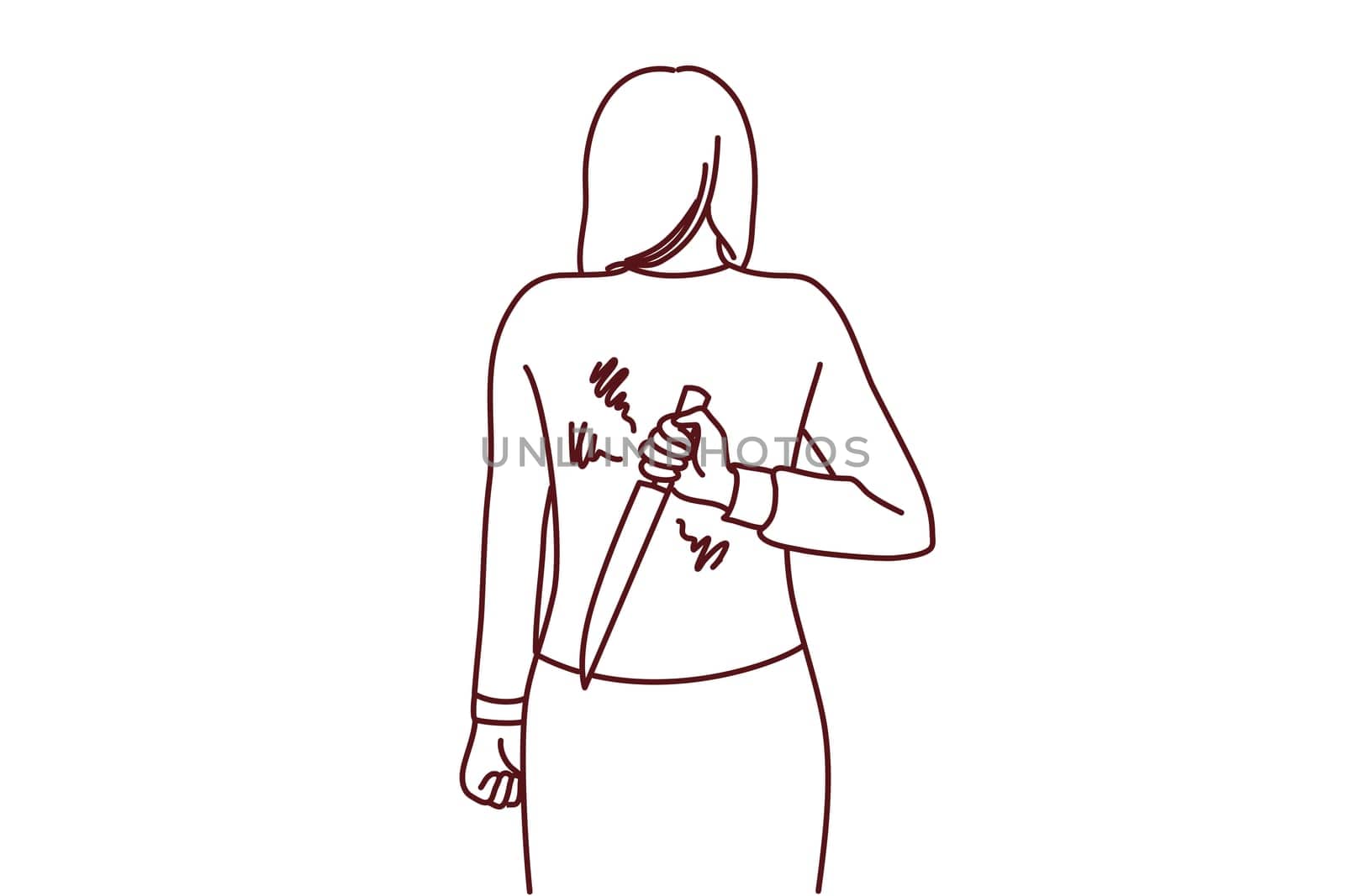Woman hiding knife behind back ready to betray or attack. Businesswoman with weapon hidden. Risky deal or rivalry. Vector illustration.