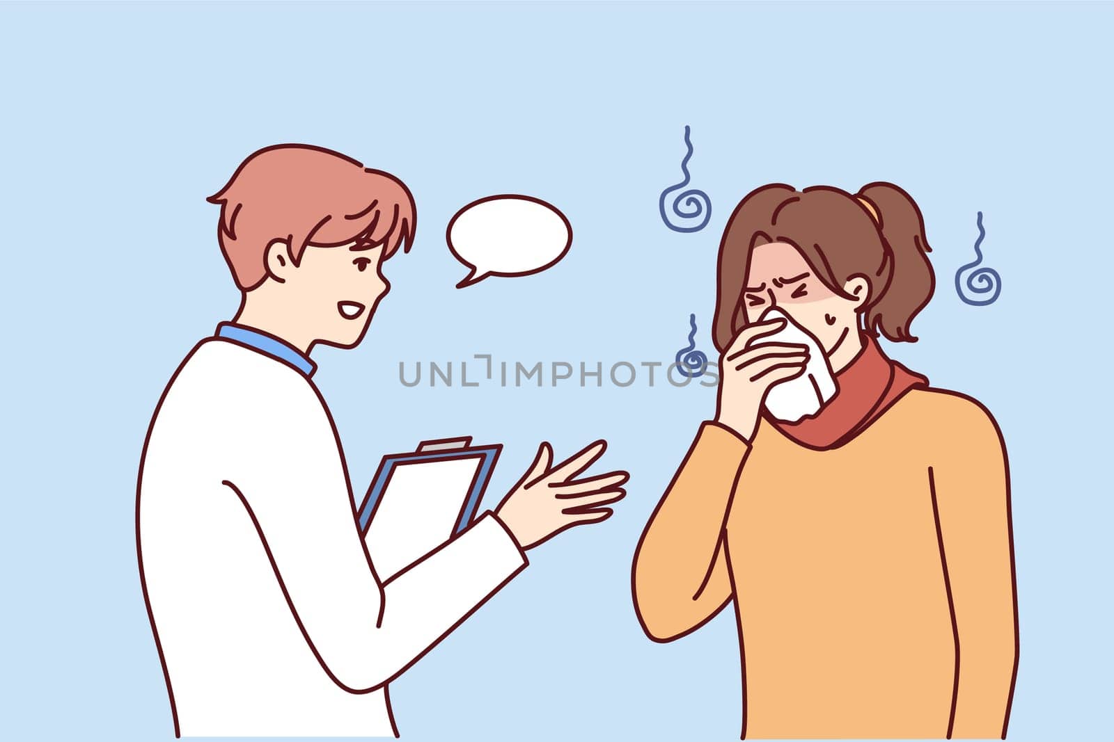 Caring male doctor help unhealthy woman sneezing suffering from flu or cold. Therapist or GP consult sick girl struggling with covid-19. Vector illustration.