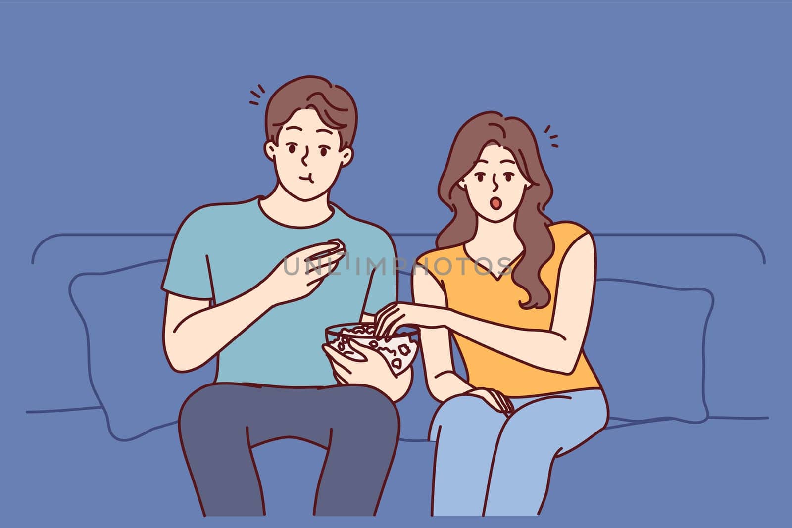 Couple watching movie eating popcorn at home. Young man and woman relax together enjoying film on weekend. Vector illustration.