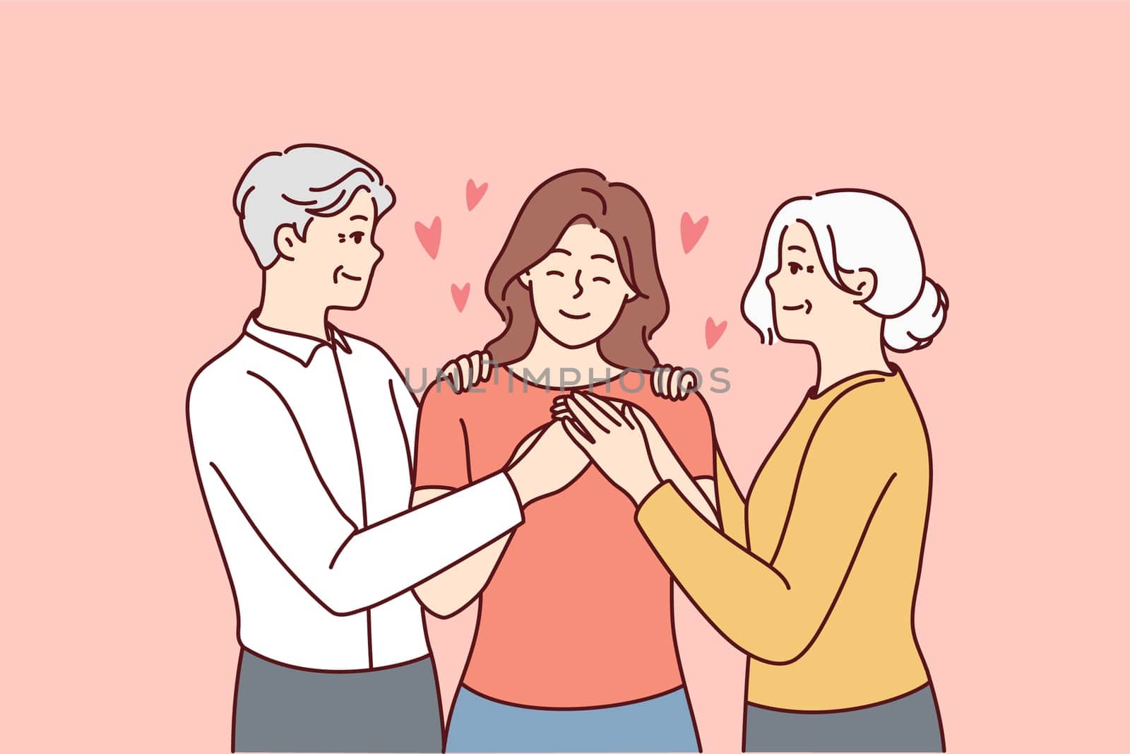 Happy elderly couple hugging grownup girl child showing love and care. Smiling old parents embrace cuddle adult woman. Family reunion. Vector illustration.
