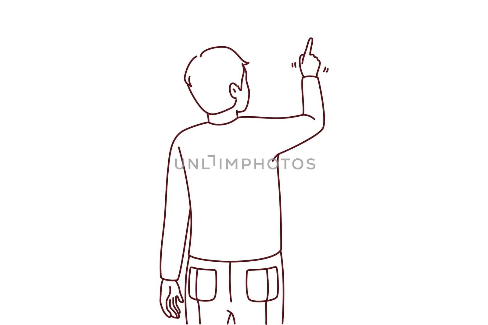 Back view of man pointing at wall with finger. Guy showing with finger on blank space. Vector illustration.