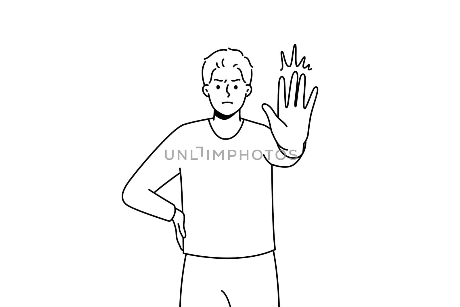 Decisive young man show no hand gesture. Serious male demonstrate stop sign. Nonverbal communication and body language. Vector illustration.