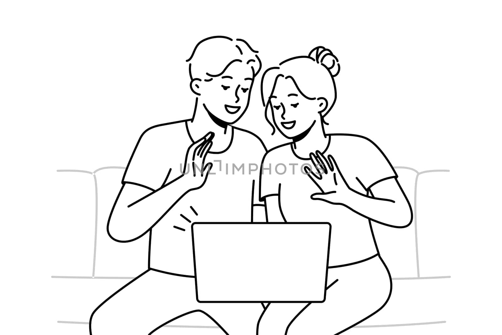 Smiling couple sit on sofa wave talk on video call on computer. Happy man and women have fun enjoy webcam conversation on laptop. Vector illustration.