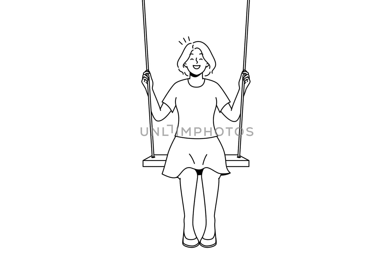 Smiling young woman sit on swing in clouds dreaming. Happy girl swaying on tilt in sky. Dreamer and visualization. Vector illustration.