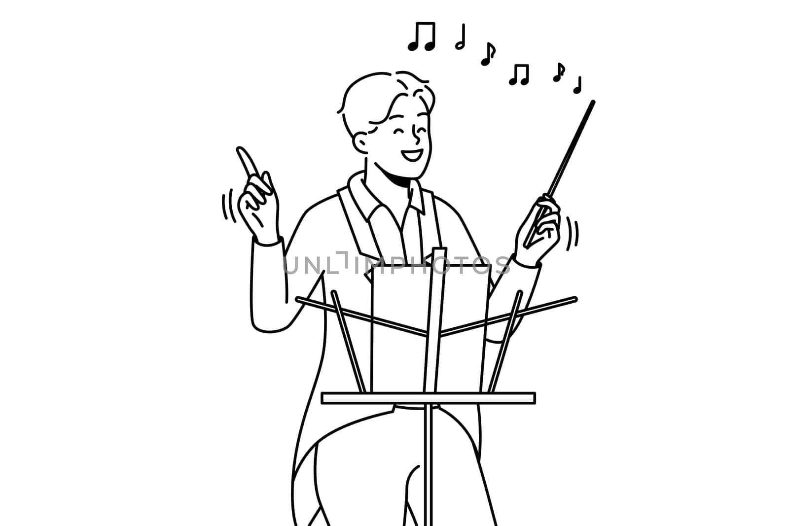 Smiling male conductor in formalwear hold baton working in concert hall. Happy man musician or artist with stick conduct performance. Vector illustration.