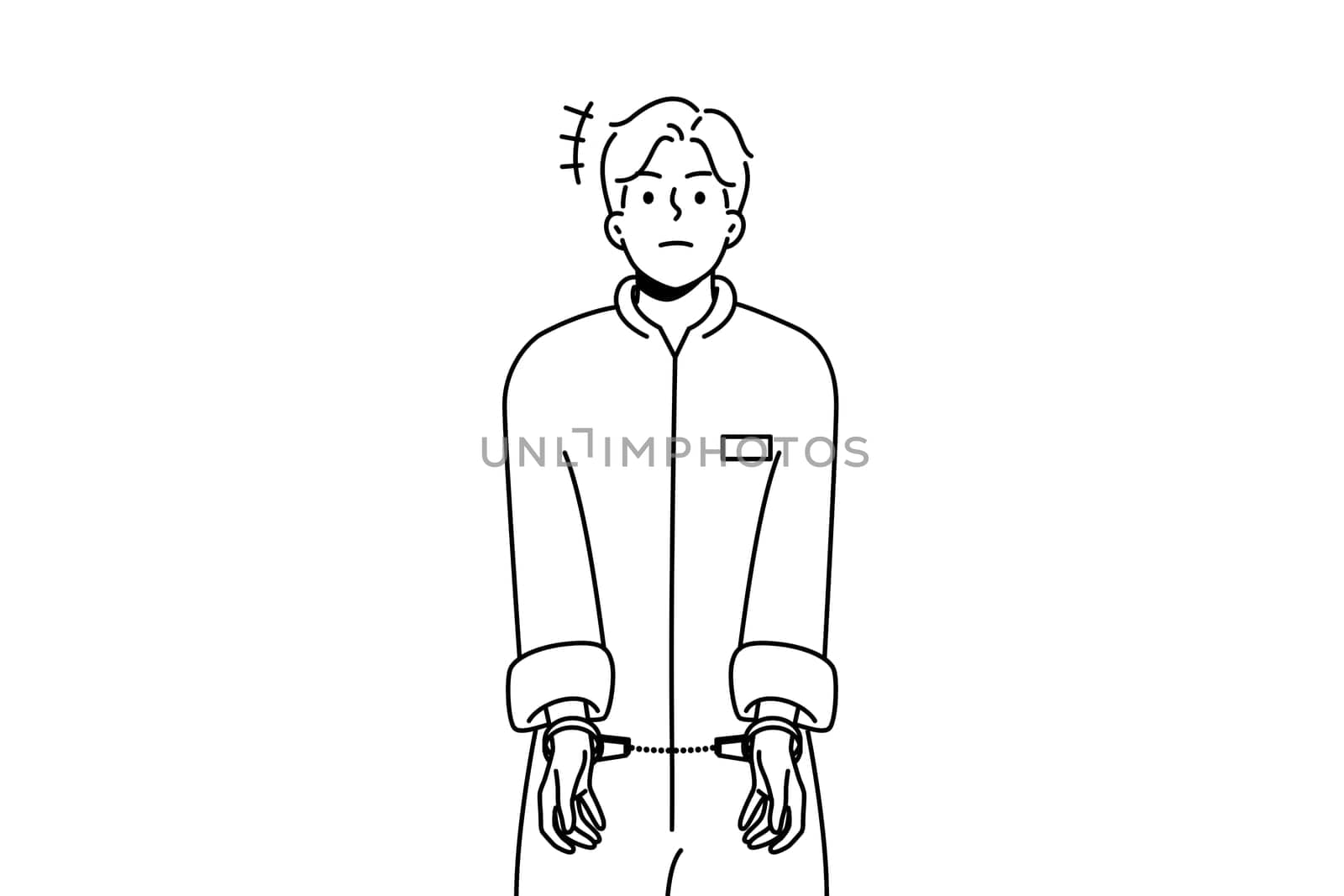 Male prisoner in robe wearing handcuffs. Unhappy man convict in uniform imprisoned. Imprisonment and jail concept. Vector illustration.