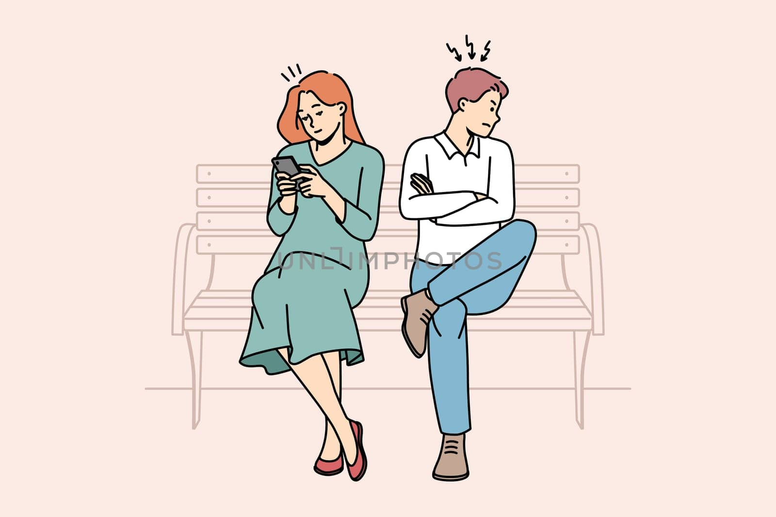 Angry man mad at busy woman using cellphone texting or messaging online in gadget. Stubborn couple sit on bench have relationship problems. Vector illustration.