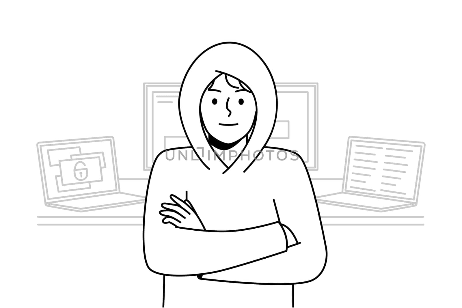 Young man in hood standing near computers hacking internal operations system. Suspicious male hacker near laptops and gadgets. Device security. Vector illustration.
