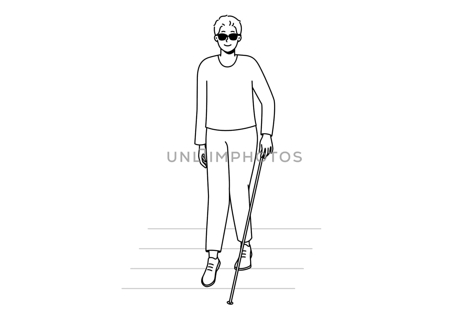 Blind man with stick walking on crosswalk. Disabled male in dark sunglasses crossing road. Disability and healthcare. Vector illustration.