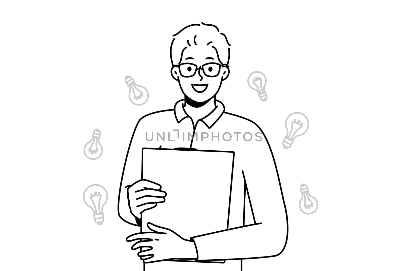 Smiling young man with folder in hands generate creative business ideas. Happy motivated guy in glasses holding paperwork document. Business and creativity. Vector illustration.