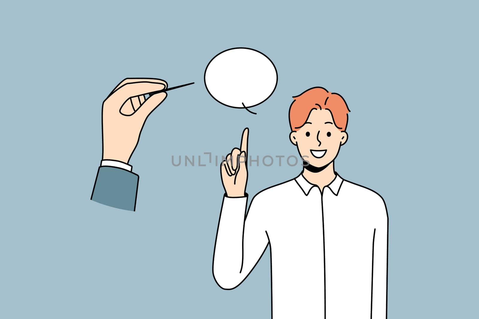 Huge hand pierce speech bubble reject comments or arguments. Person puncture talk balloon of man speaking. Criticism and opinion variety. Vector illustration.