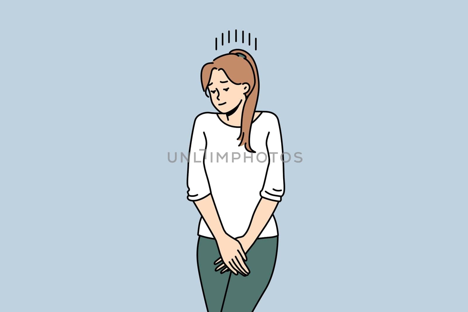 Young woman suffer from cystitis or urinary infection feel desire to pee. Unhealthy female struggle with urinal disease. Vector illustration.
