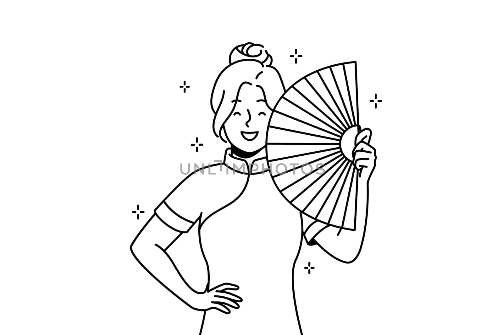 Smiling young Asian woman in traditional dress with hand fan. Happy ethnic girl posing in cultural clothing. Culture and ethnicity. Vector illustration.